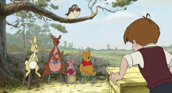 Rabbit, Kanga, Roo, Piglet, Owl and Pooh sit on chairs facing Christopher Robbin at a pedestal while Owl looks down from a tree branch.