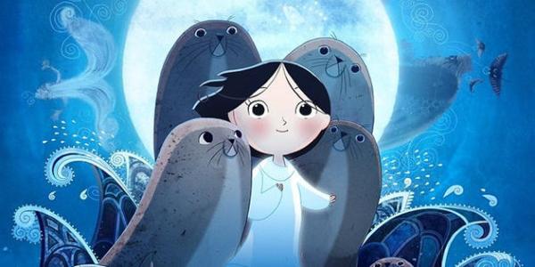A girl with dark hair and a white dress stands with four seals surrounding her, in a beuatiful swirling cartoon style