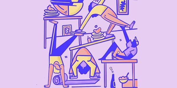 Graphic design image of people doing yoga and eating food