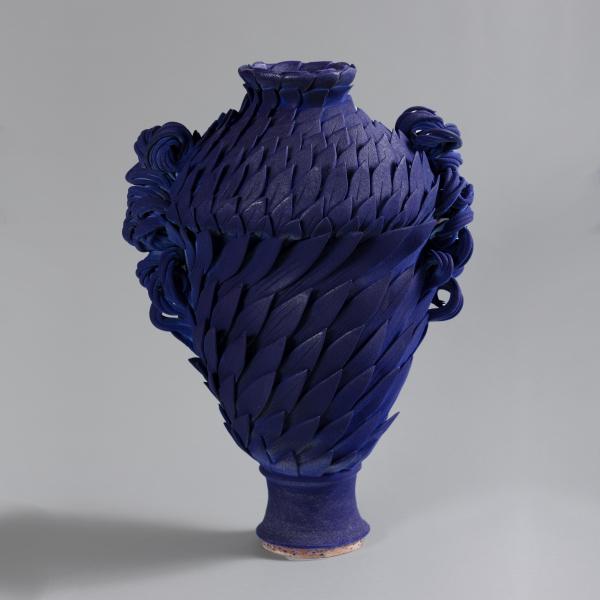 Terracotta with Matt Cobalt Blue Glaze of vase with leaf design