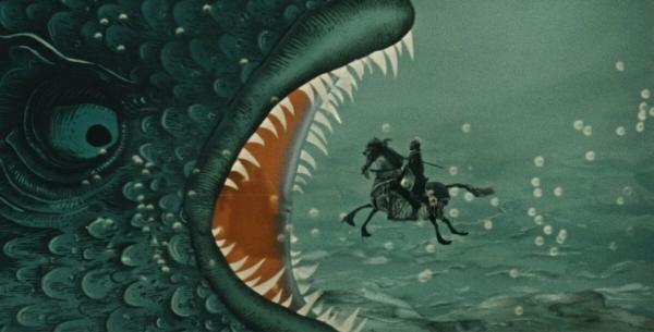 A man on a seahorse underwater swims into the gaping jaws of a monstrous fish creature.