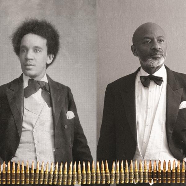 Two men in evening wear: one a black and white vintage photo the other modern. Along the bottom is a line of bullets.