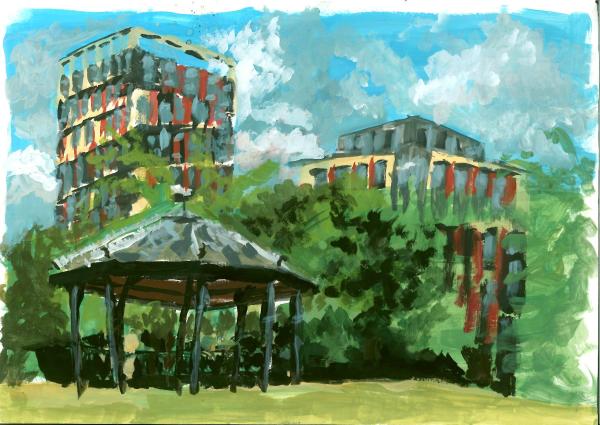 A watercolour painting of a pagoda and buildings.