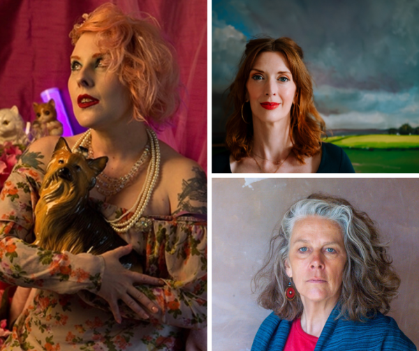 Three photographs of the authors. One woman wearing a floral dress, pearl necklace, with pink hair who is holding a china dog. One woman with grey hair wearing a blue jacket on a grey background. One woman with brown hair on a painted landscape backround