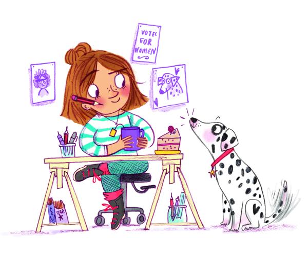 An illustrated self-portrait of author Kate Pankhurst sat at her desk with tea and cake with a Dalmatian sat next to her.