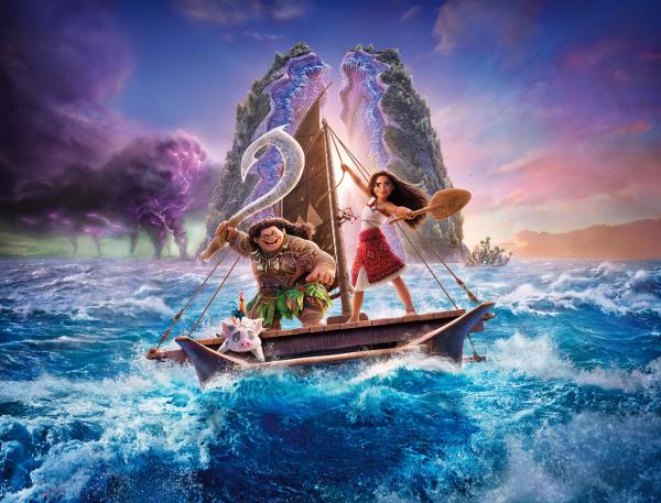 Maui and Moana standing on a boat