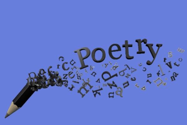 Black pencil with letters spilling out of the end, and the work Poetry spelt around the black individual letters. Blue background.
