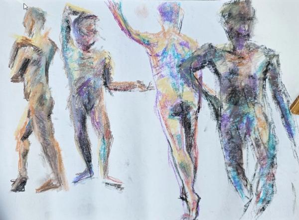 Sequence of body images drawn with coloured pencils