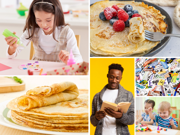A collage of images showing children doing crafts, pancakes, a man reading from a book, and some cut out words.
