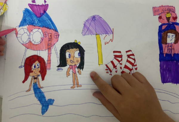 A photograph of childrens drawings of a playful space with mermaids and spaceships and a child's hand pointing at the pictures