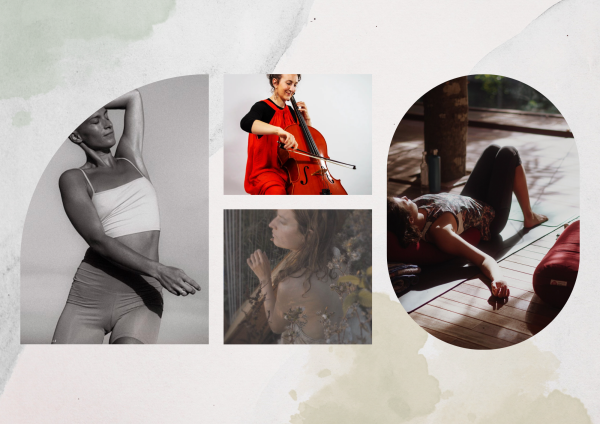 This image shows a woman doing gentle yoga, musicians playing harp and cello and a woman lieing down in deep rest