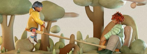 A clay animation still image of a child and an adult on a seesaw