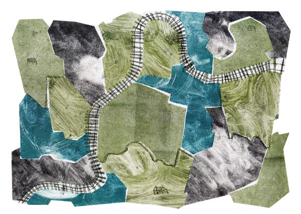 patchwork of green fields and blue sea in a collagraph print