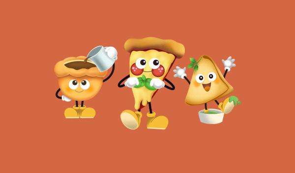 An image of three cartoon food characters smiling and waving; a Yorkshire pudding, a pizza slice and a samosa.