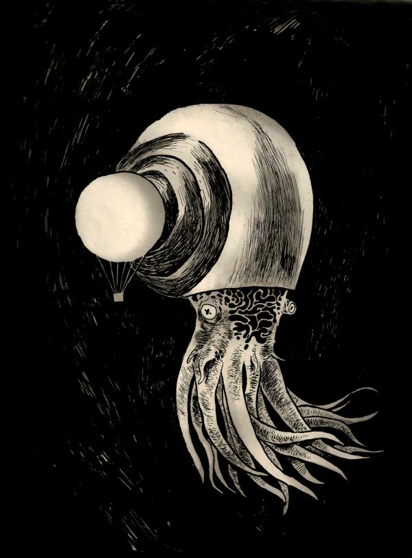 Illustration of a squid in the night sky