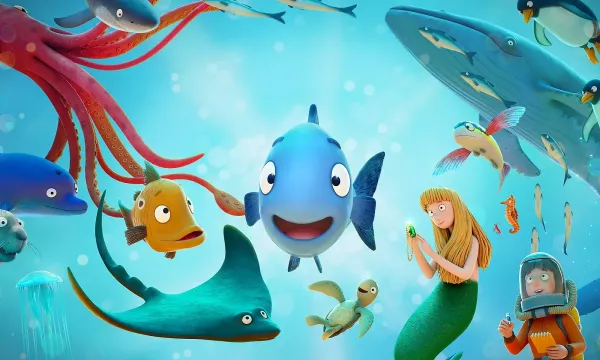 A collection of cartoon fish smiling under the ocean.