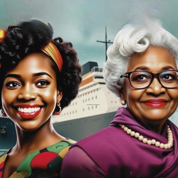 Promotional poster for Merlina Pearl: A Windrush Journey – The Musical. The image features two smiling Black women against the backdrop of a large passenger ship. On the left is a young woman with natural hair styled with an orange headband, wearing a colourful vintage-style dress. On the right is an older woman with short grey hair, pearl earrings and necklace, wearing glasses and a deep purple wrap.