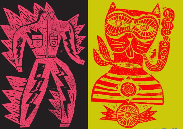 colourful blocky screen print of a jumpsuit and panther
