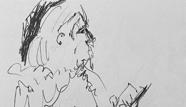 Loose drawing of a  the head and shoulders of a person holding a book