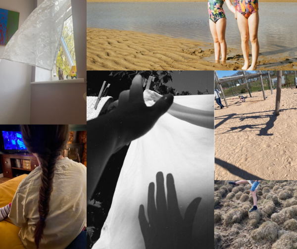 a collage of photographs, showing homes, children at the beach, hands reaching for washing, the back of a girls head with a long plait, shadows in the sand of a playground. 