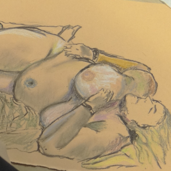 Pastel sketch of a nude woman laid on her back, on yellow paper.