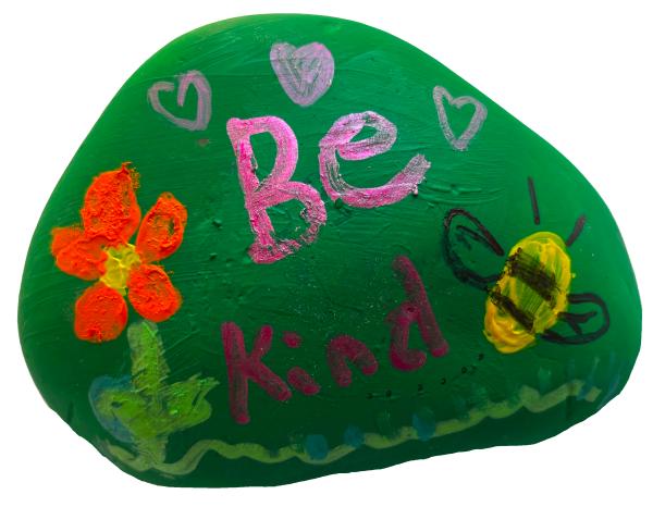 Green Painted Pebble with a red flower and bee