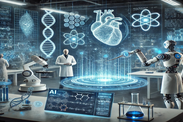 A futuristic lab with a scientist and robot looking at project atoms & DNA