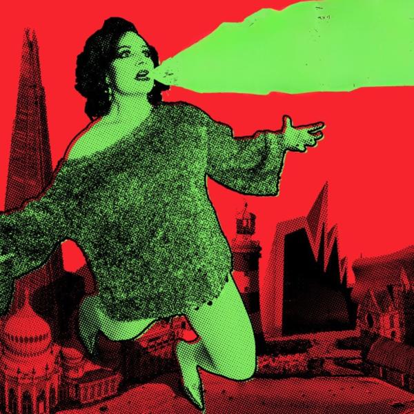 Comic book-style image of Jessica Fostekew in green with buildings in the background. A green cloud is coming out of her mouth.