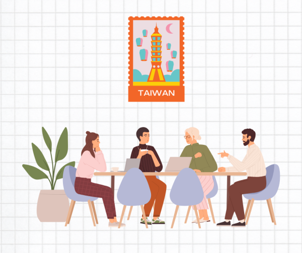 Four people chatting in a chill vibe under a Taiwan-themed stamp with lanterns and a pagoda.