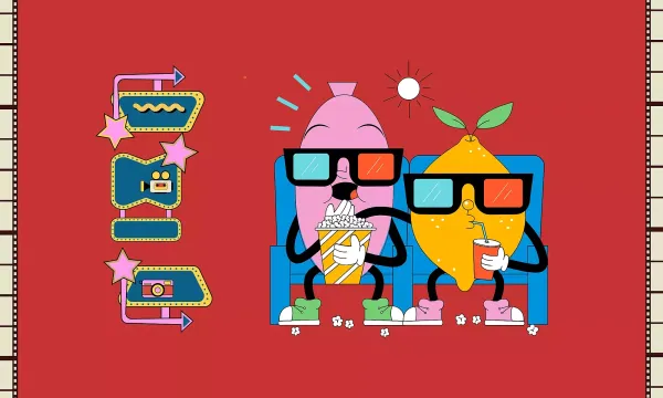 A drawing of two fruits wearing 3D glasses and sitting on cinema seats while they eat popcorn and drink soda.