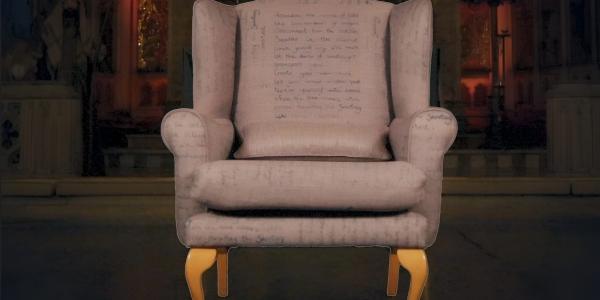 an armchair with text on it