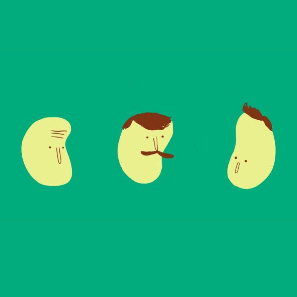 Illustration of three pale green butter beans with faces, two have hair.