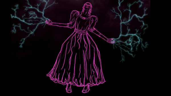 A blue drawing of a person in a dress, with blue electric lines coming from their hands.
