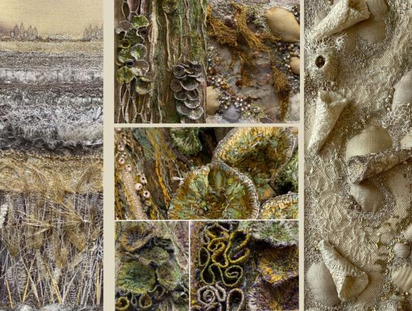 Julie's work features textures and colours from nature including tree bark, fungi, shells, sand and pebbles.