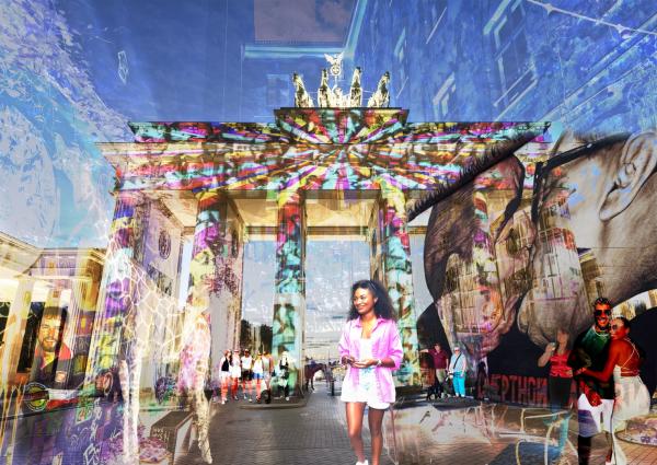 Brandenburg Gate with colorful overlays, murals, and people walking and smiling in bright light.
