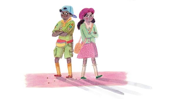 Image shows 2 illustrated figures facing back to back in scout like uniform on a candy floss pink road. 