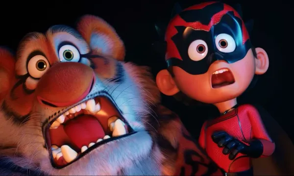A cartoon child and lion scream in fear.