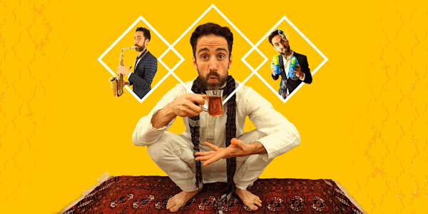 image of Bobak, squattingon a prayer mat drinking tea