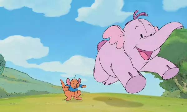 A pink elephant-like creature happily leaping through the air, beside a small kangaroo wearing a blue top.
