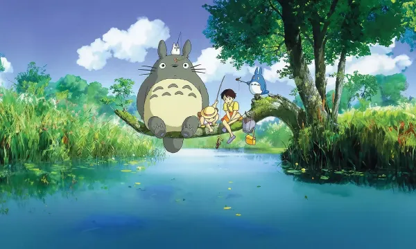 Totoro and his acolytes, including two human girls who are fishing, sit on a branch over a river.