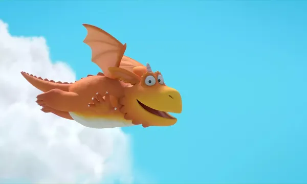 A cartoon orange dragon flies across a blue sky.
