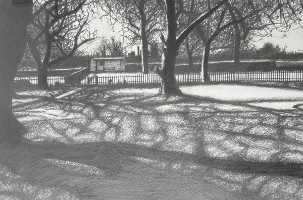 A monochrome drawing of a park landscape
