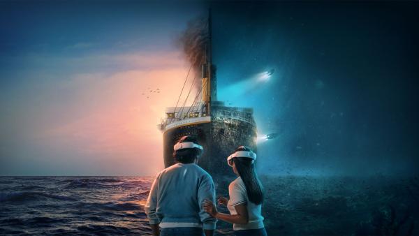A couple wearing VR headsets gazes at a virtual recreation of the Titanic