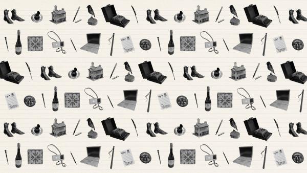 A repeating pattern of objects that feature in the exhibition on a background that looks like lined notepaper, including a typewriter, medieval tile, ipod, laptop, champagne bottle, Victorian ladies boots, ancient Greek coin, old style library card, model of a building (the Moot Hall), variety of pens (quill, fountain and medieval stylus), ink well, police truncheon and a bird (stonechat) 