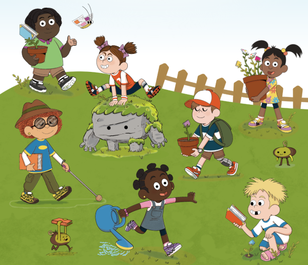 An illustration of a group of children in a garden playing with a rock monster and bulb characters.