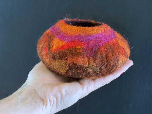 A colourful felted bowl made at a felting workshop at Northlight Arts Centre