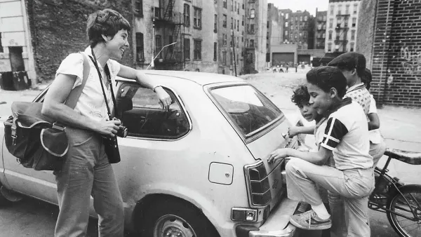 Black and white images showing a woman leaning on a vintage car, speaking to a group of small children. She is smiling.