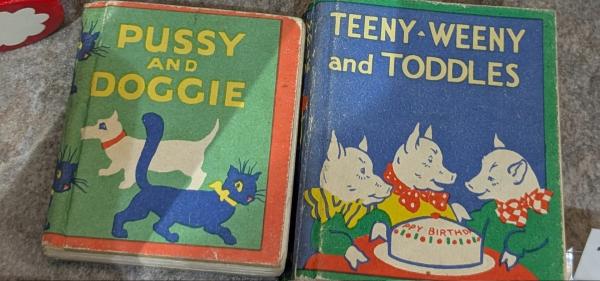 two brightly colours children's books, one called Pussy and Doggie, the other called Teeny Weeny and Toddles.