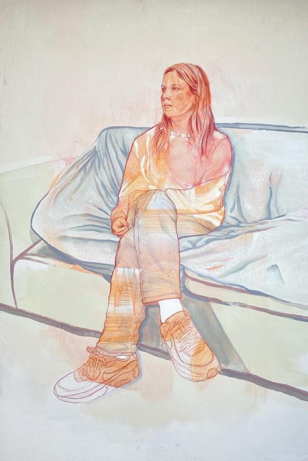 Painting of a woman sitting cross legged
