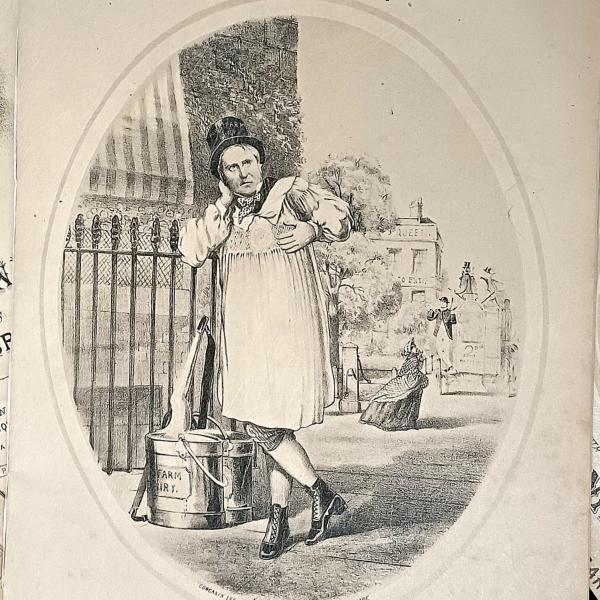 A black and white pencil drawing of a Victorian milkman, in a top hat and smock, leaning against an iron fence.